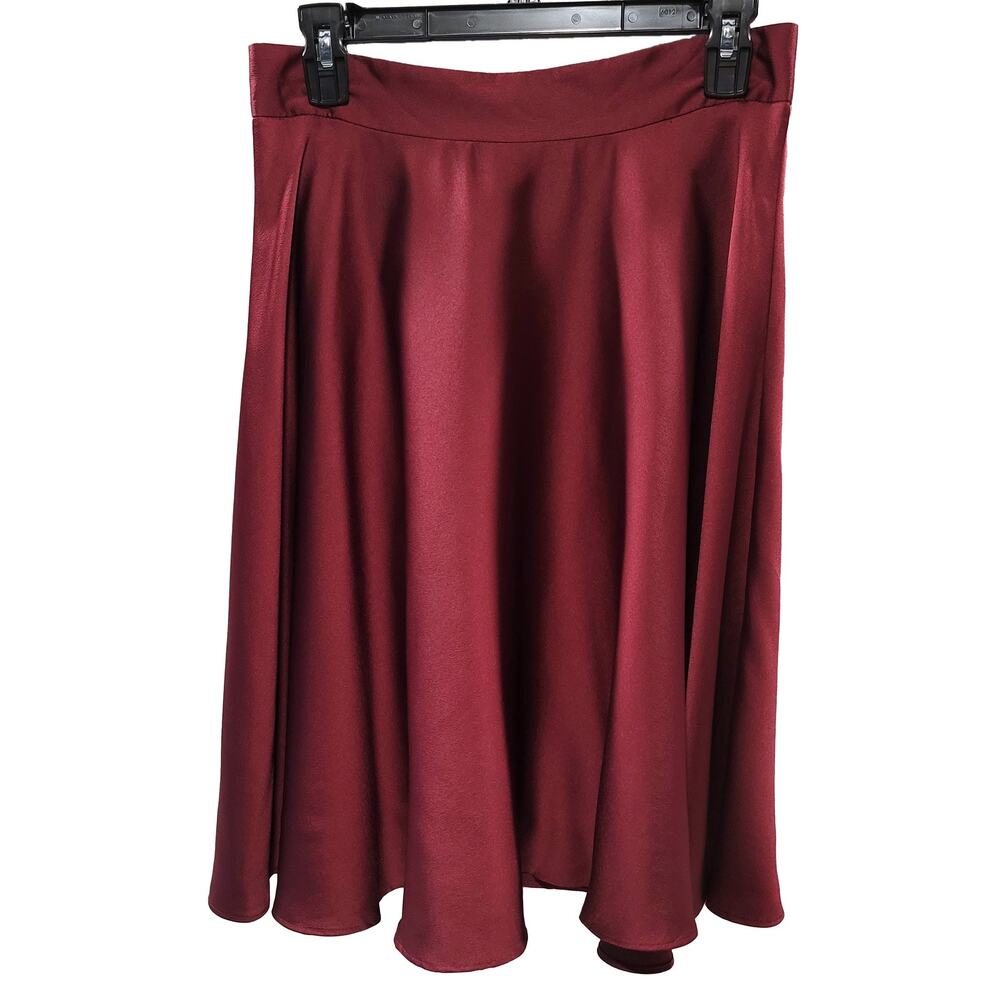 ANN TAYLOR Petite Size 4P Circle A line Swing Burgundy Satin Full Midi Skirt